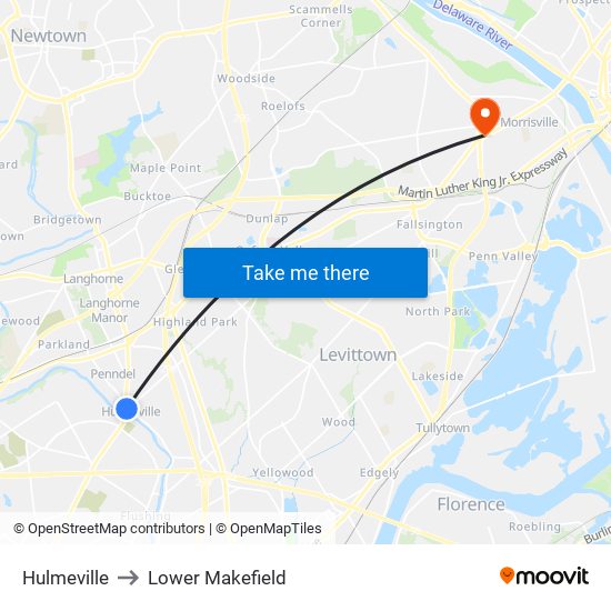 Hulmeville to Lower Makefield map