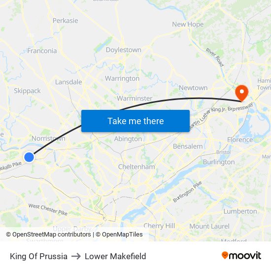 King Of Prussia to Lower Makefield map