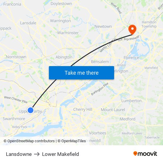 Lansdowne to Lower Makefield map
