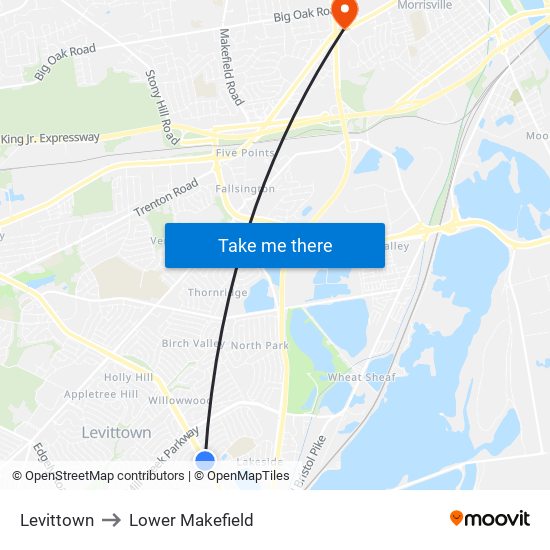 Levittown to Lower Makefield map