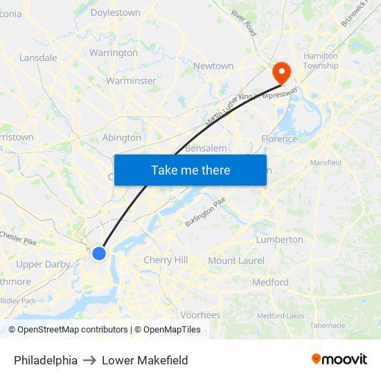 Philadelphia to Lower Makefield map