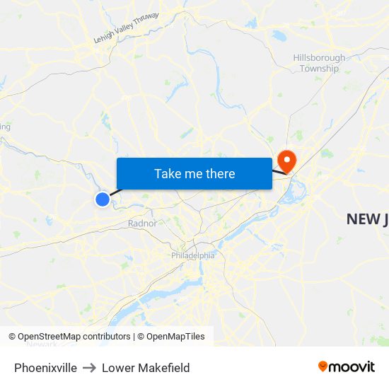 Phoenixville to Lower Makefield map