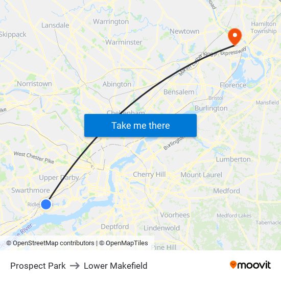 Prospect Park to Lower Makefield map