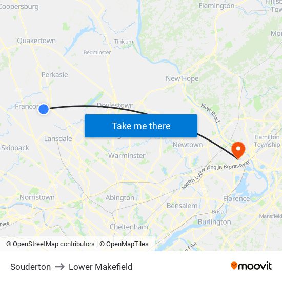 Souderton to Lower Makefield map