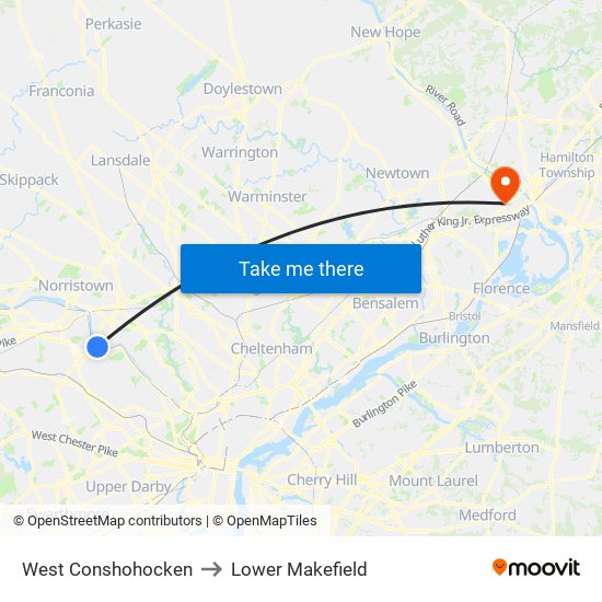 West Conshohocken to Lower Makefield map