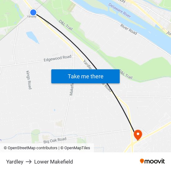 Yardley to Lower Makefield map