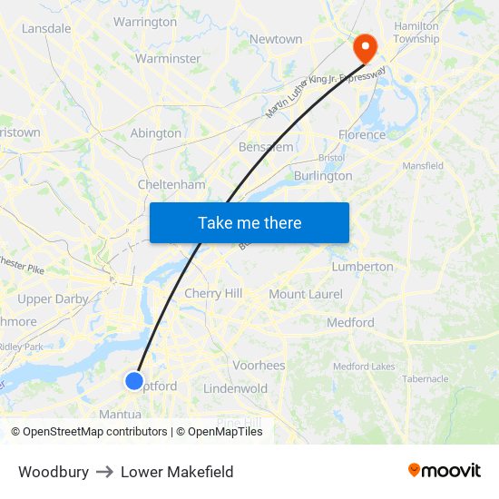 Woodbury to Lower Makefield map