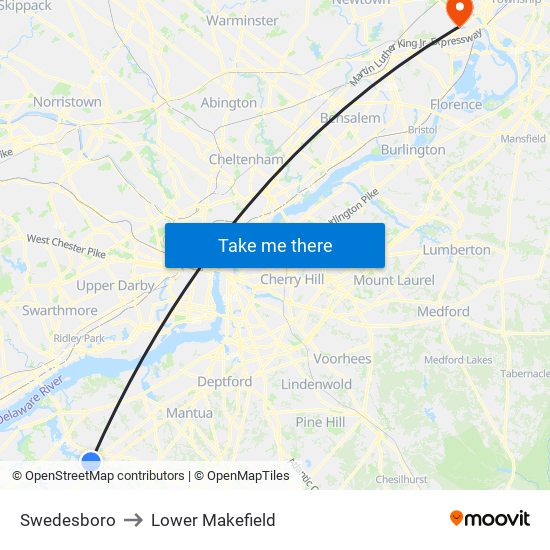 Swedesboro to Lower Makefield map