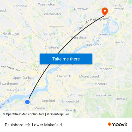 Paulsboro to Lower Makefield map