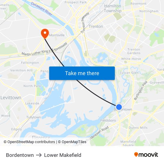 Bordentown to Lower Makefield map