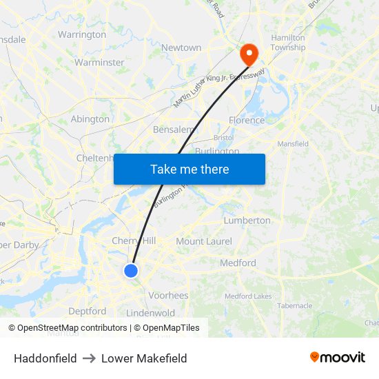 Haddonfield to Lower Makefield map