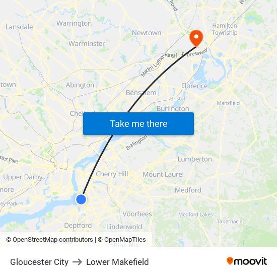 Gloucester City to Lower Makefield map