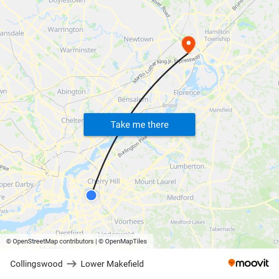 Collingswood to Lower Makefield map