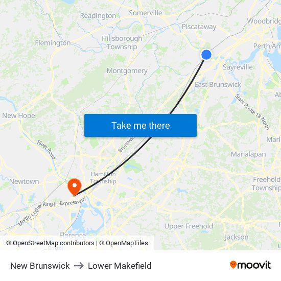 New Brunswick to Lower Makefield map