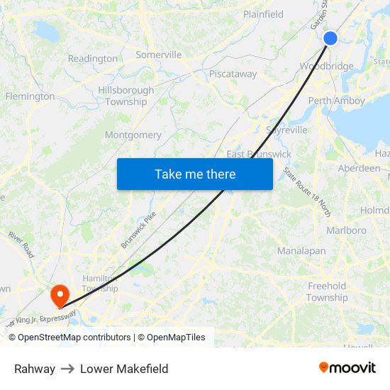 Rahway to Lower Makefield map