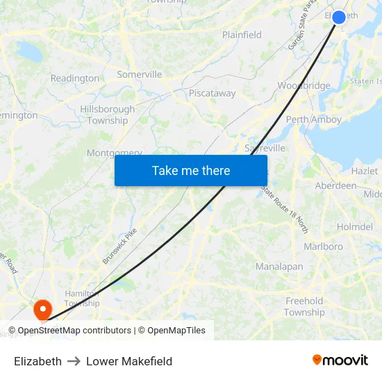 Elizabeth to Lower Makefield map