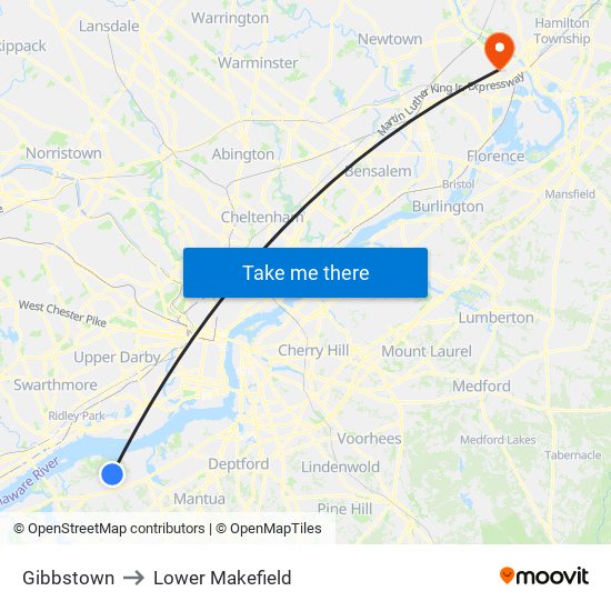 Gibbstown to Lower Makefield map