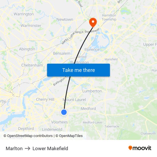 Marlton to Lower Makefield map