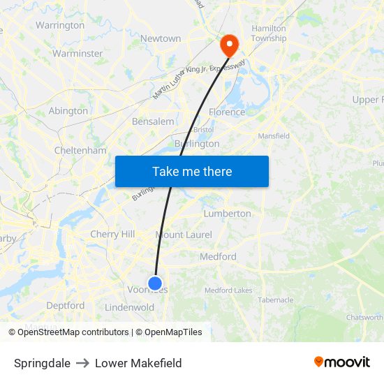 Springdale to Lower Makefield map