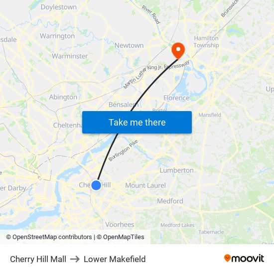 Cherry Hill Mall to Lower Makefield map