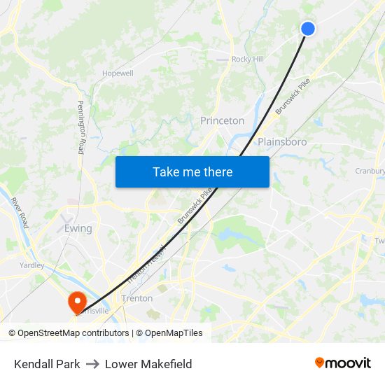 Kendall Park to Lower Makefield map