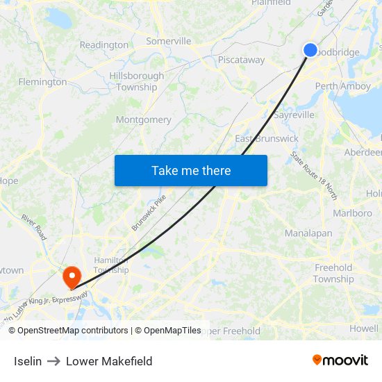 Iselin to Lower Makefield map