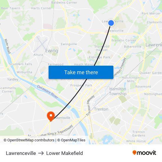 Lawrenceville to Lower Makefield map