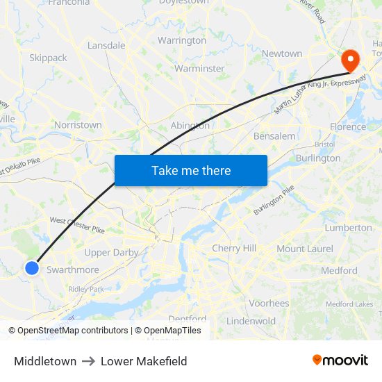 Middletown to Lower Makefield map