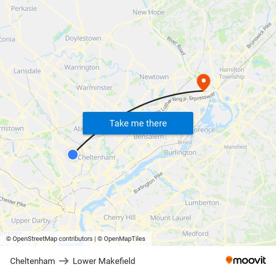 Cheltenham to Lower Makefield map