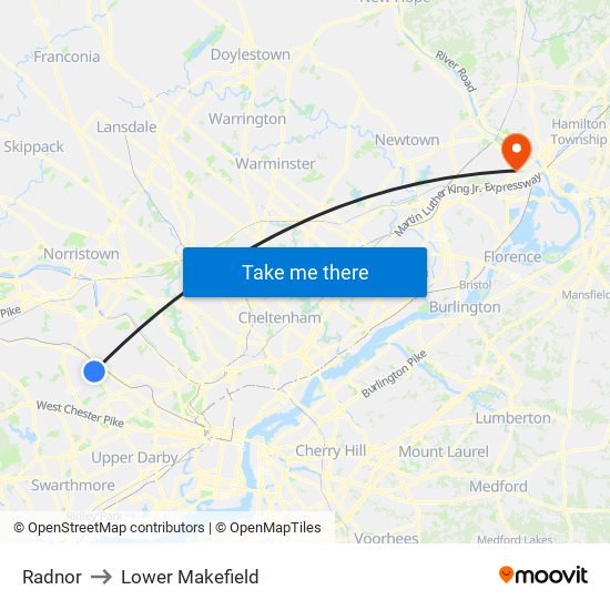 Radnor to Lower Makefield map