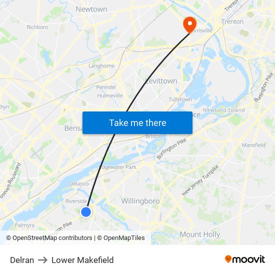 Delran to Lower Makefield map
