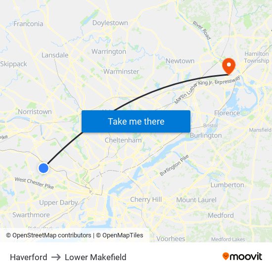Haverford to Lower Makefield map