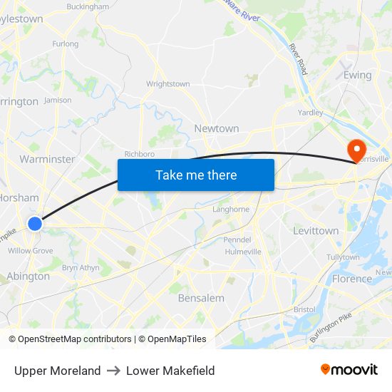 Upper Moreland to Lower Makefield map