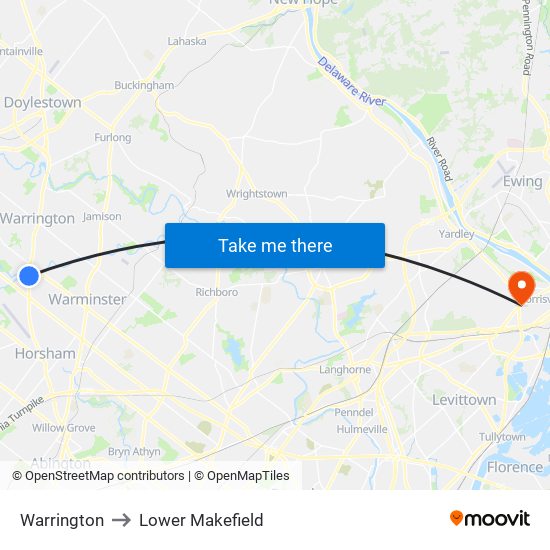 Warrington to Lower Makefield map