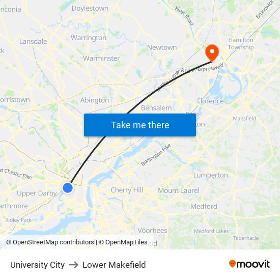 University City to Lower Makefield map