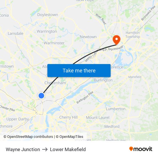 Wayne Junction to Lower Makefield map