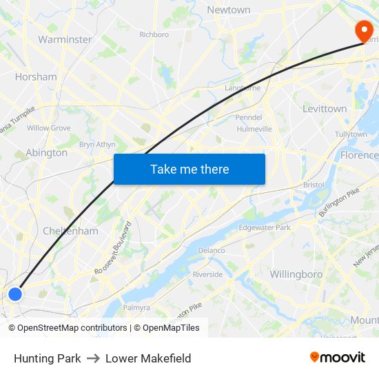 Hunting Park to Lower Makefield map