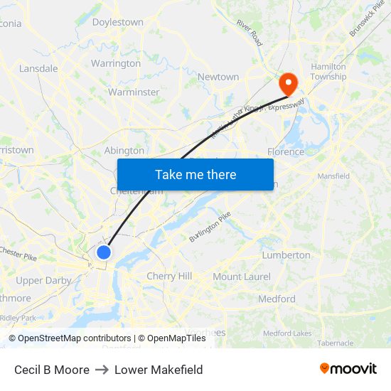 Cecil B Moore to Lower Makefield map