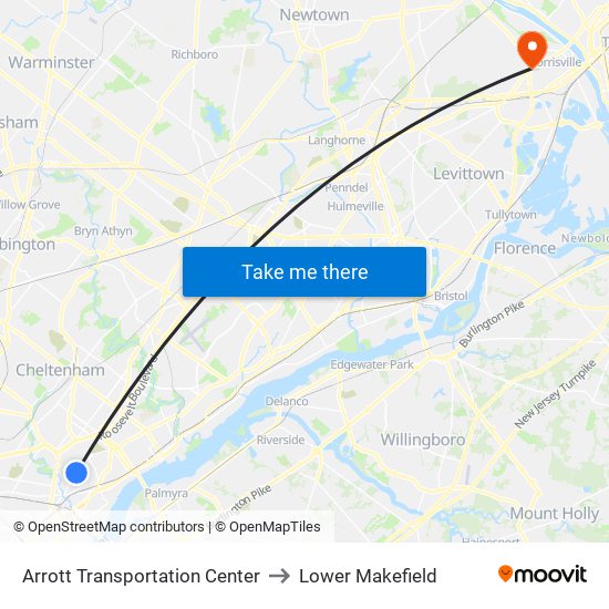 Arrott Transportation Center to Lower Makefield map