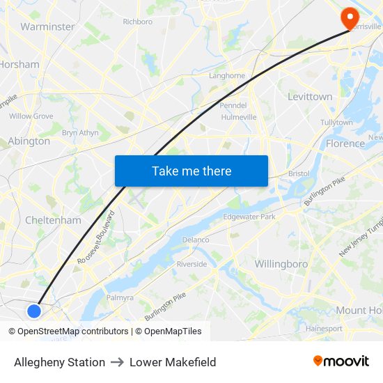 Allegheny Station to Lower Makefield map