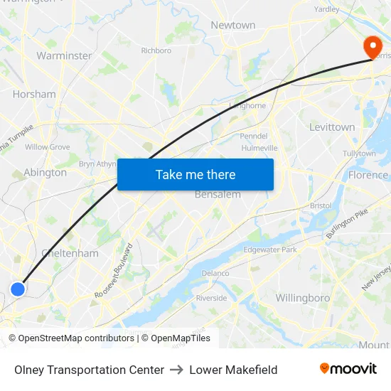 Olney Transit Center to Lower Makefield map