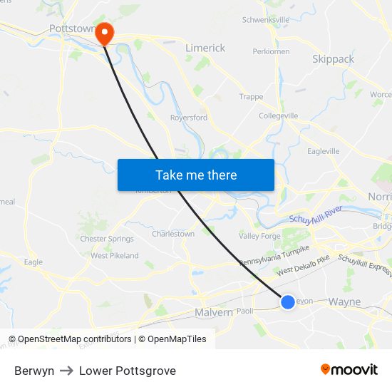 Berwyn to Lower Pottsgrove map
