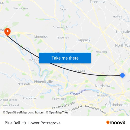 Blue Bell to Lower Pottsgrove map