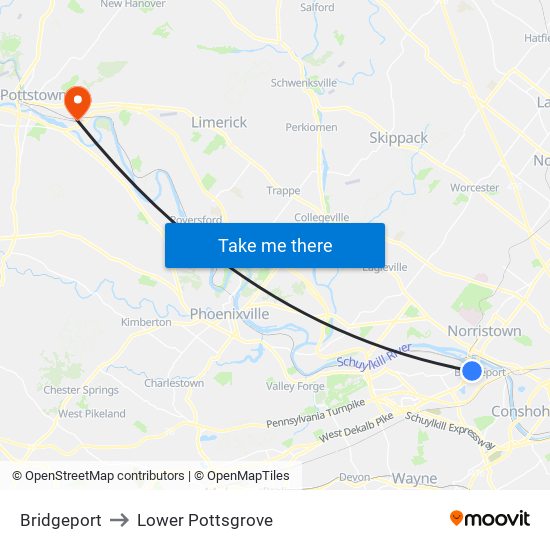 Bridgeport to Lower Pottsgrove map