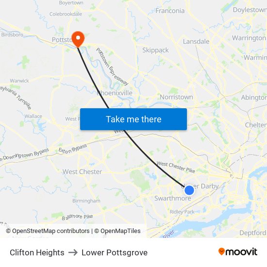 Clifton Heights to Lower Pottsgrove map