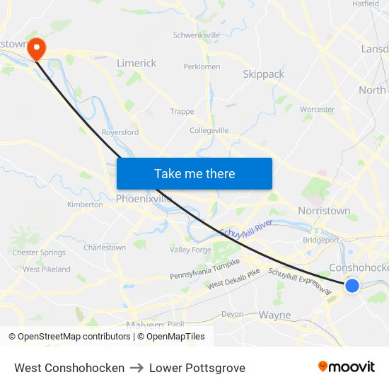 West Conshohocken to Lower Pottsgrove map