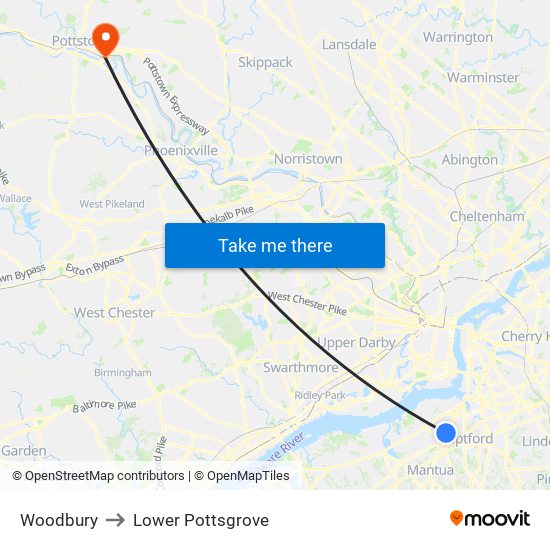 Woodbury to Lower Pottsgrove map