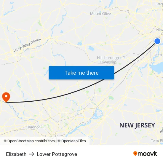 Elizabeth to Lower Pottsgrove map