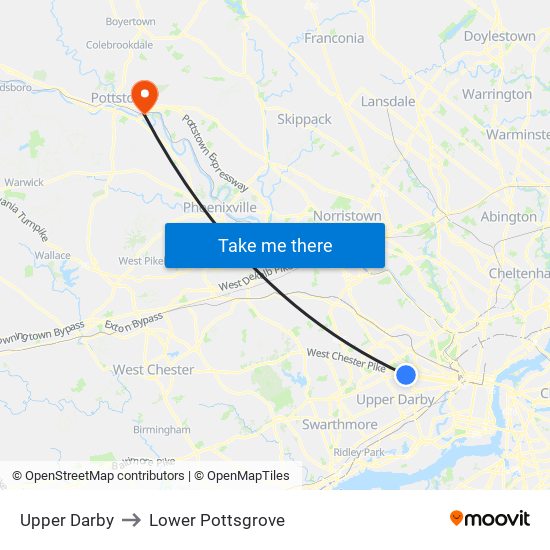 Upper Darby to Lower Pottsgrove map