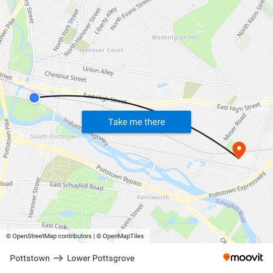 Pottstown to Lower Pottsgrove map